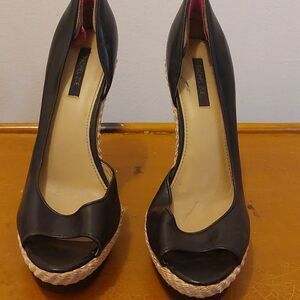 Rachel Zoe King Women Black Leather Platform  Wedge Heel